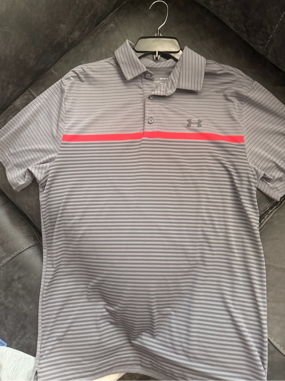 Under Armour Men's Gray Polo with Coral Red Chest Stripe